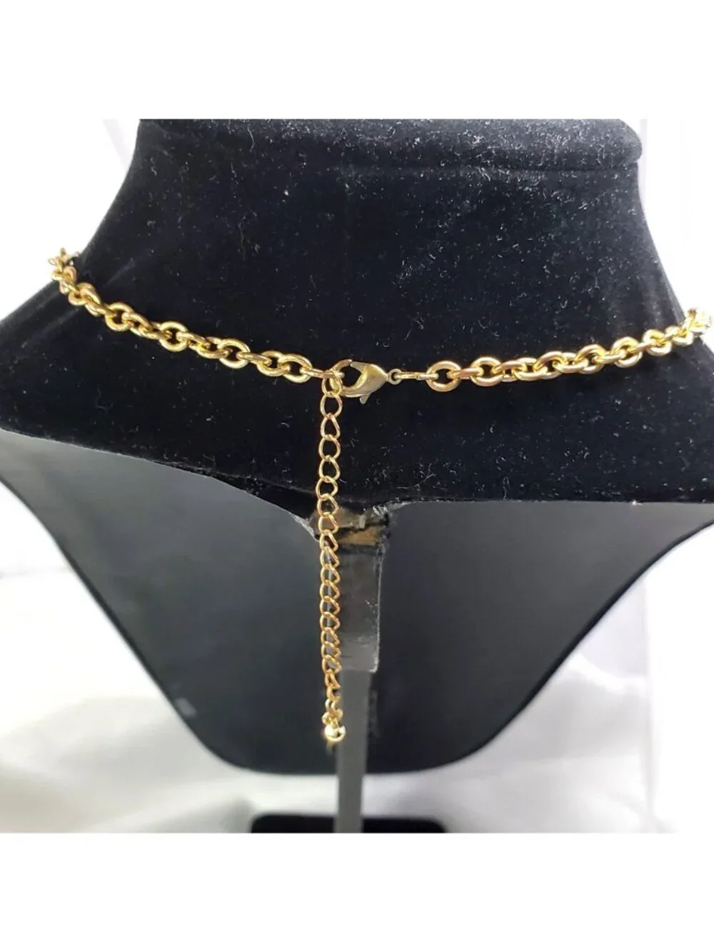 Gold-Tone Statement Bib Necklace With Blue Teardrop Plastic Faceted Accents